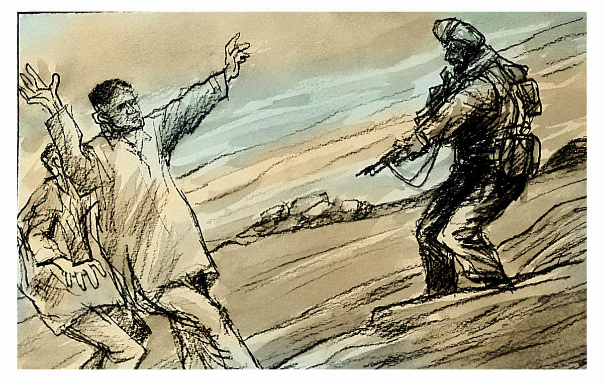After crossing mountains, they reach the Indian border only to run into a hostile Indian Army patrol. They are let go. They reach Delhi. Illustration by M S Prakash Babu