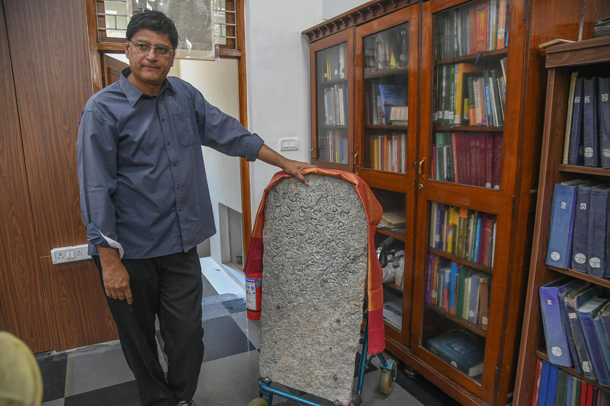 Inscriptions work at The Mythic Society, Nrupatunga Road, Bengaluru on Friday, 15th April 2022. Credit: DH photo/ S K Dinesh