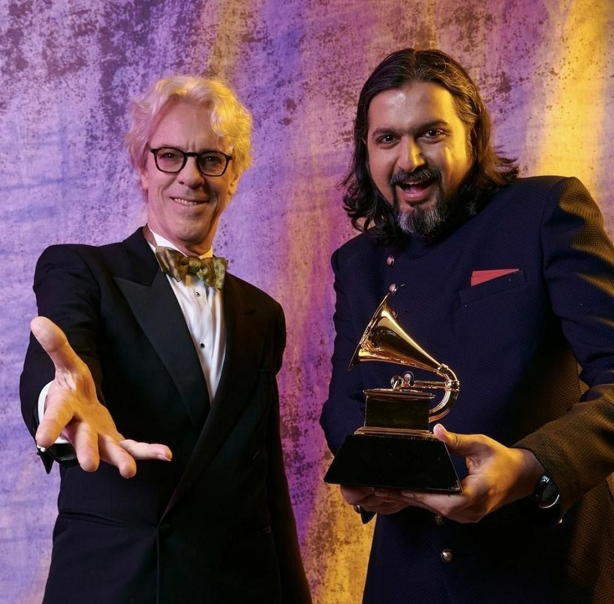 Ricky Kej (right) with Stewart Copeland after winning the Grammy for the album ‘Divine Tides’ in the Best New Age category earlier this month. 