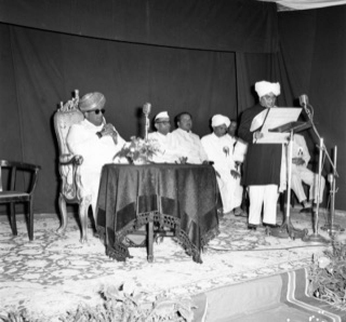 Grandfather reading out the address to the Governor of Mysore His Highness Jayachamarajendra Wadiyar at the Arya Idigara Sangha convention in November 1958