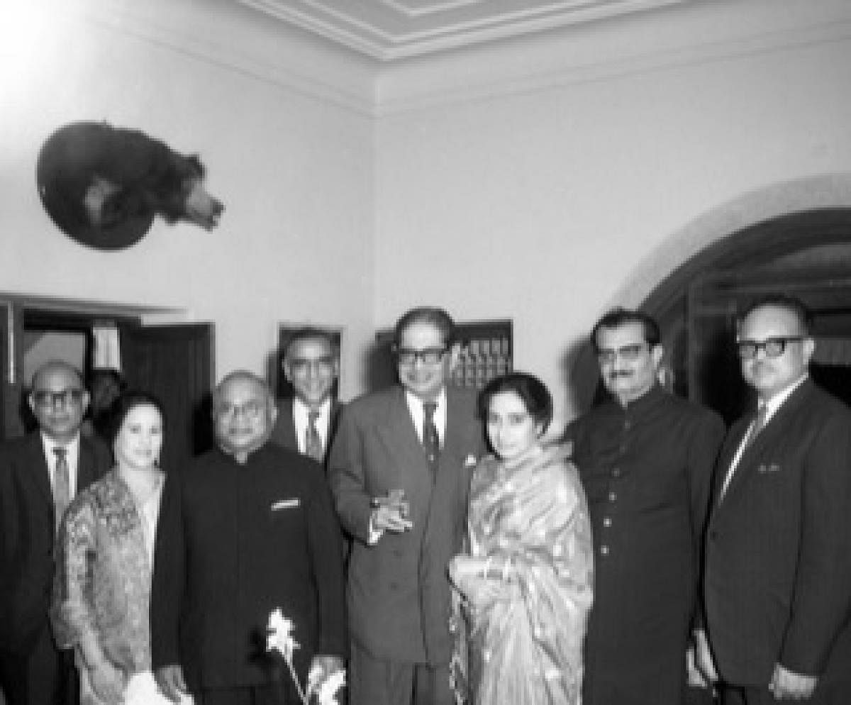 Grandfather at a party for the all-India racing turf authorities at his home in 1967. On the wall can be seen a stuffed trophy of a bear.