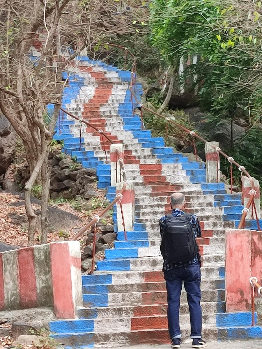 Stairs that lead to a temple on the Ramdevarabetta.  Credit: DH Photo