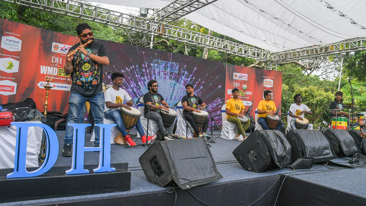 Beat Gurus band performs on the sidelines of World Motorcycle Day event.