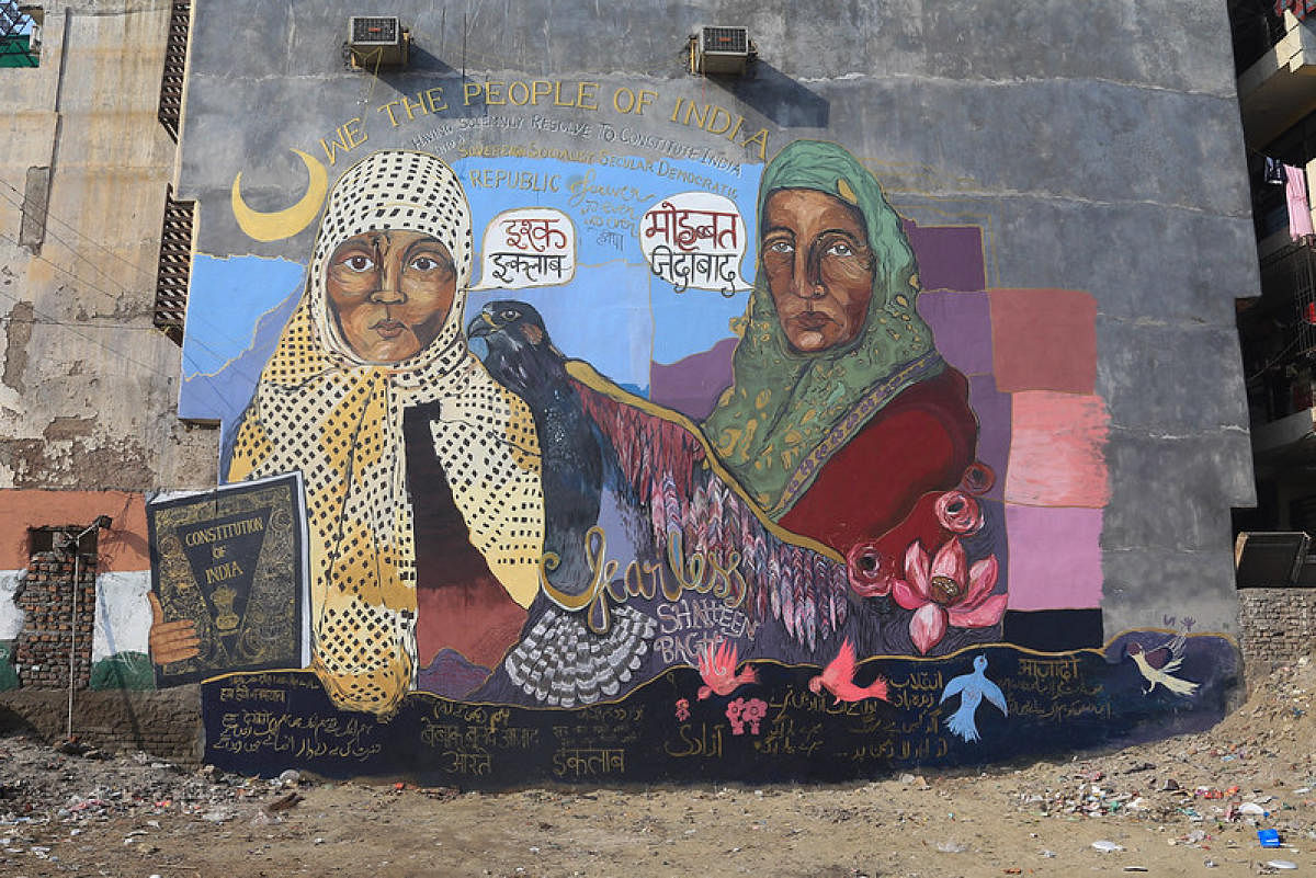 A mural at Shaheen Bagh, the site of CAA-NRC protests in Delhi. It was done by The Fearless Collective along with women protesters.