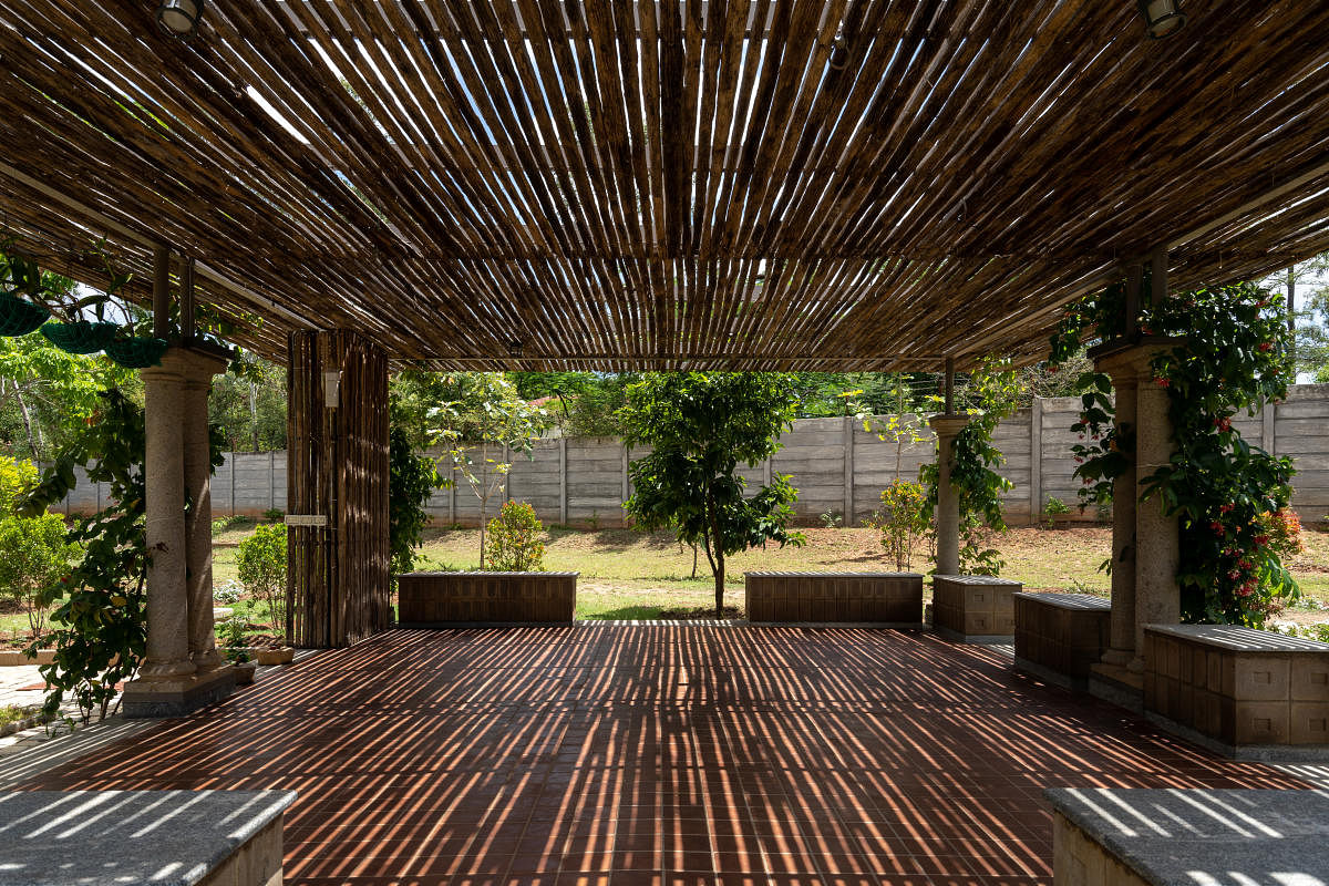 This semi-shaded pergola by Wright Inspires, was made from barks of areca trees at a farmhouse in Hosur. Credit: Special arrangement