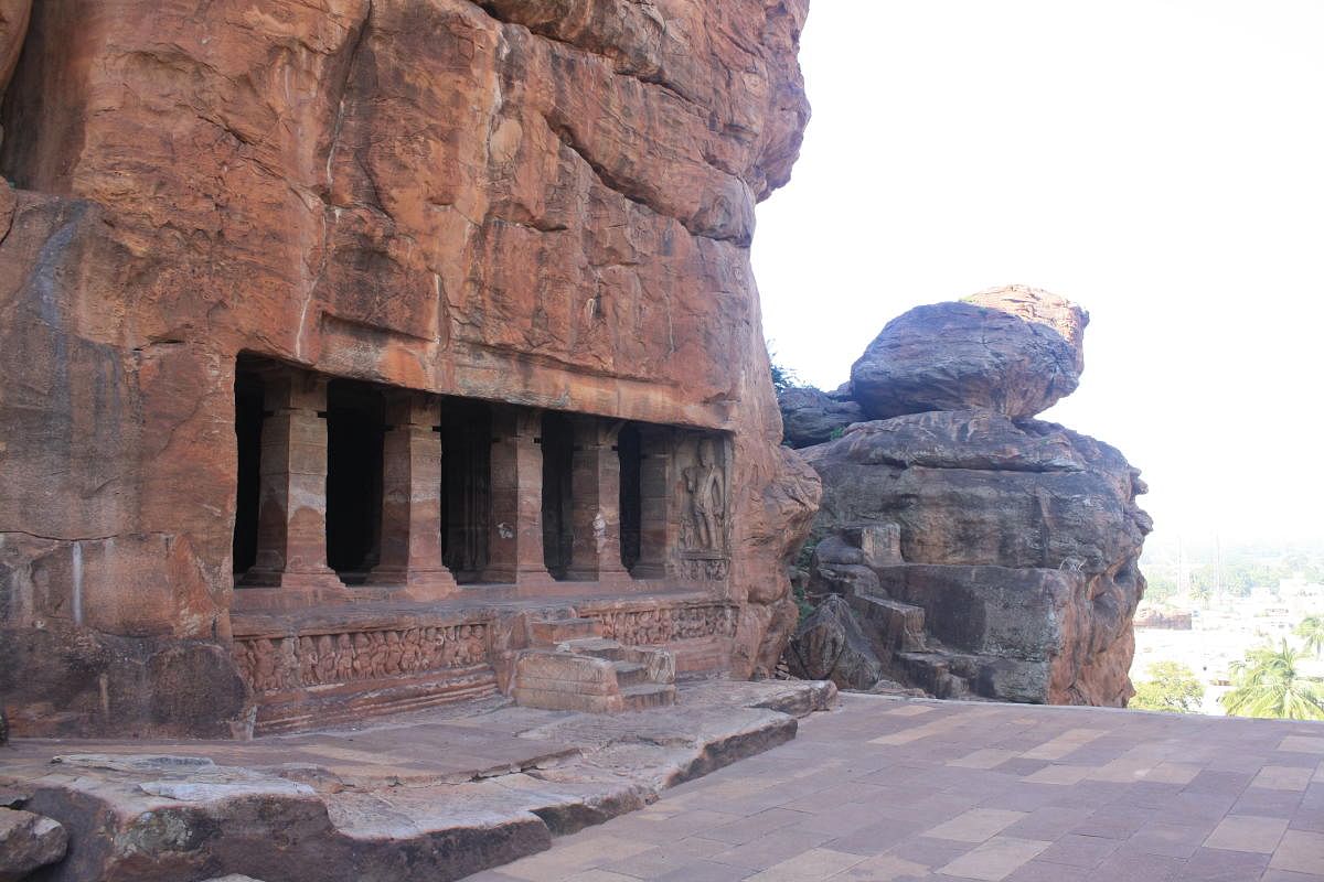 A cave temple carved into the cliffs at Badami in Bagalkot district.