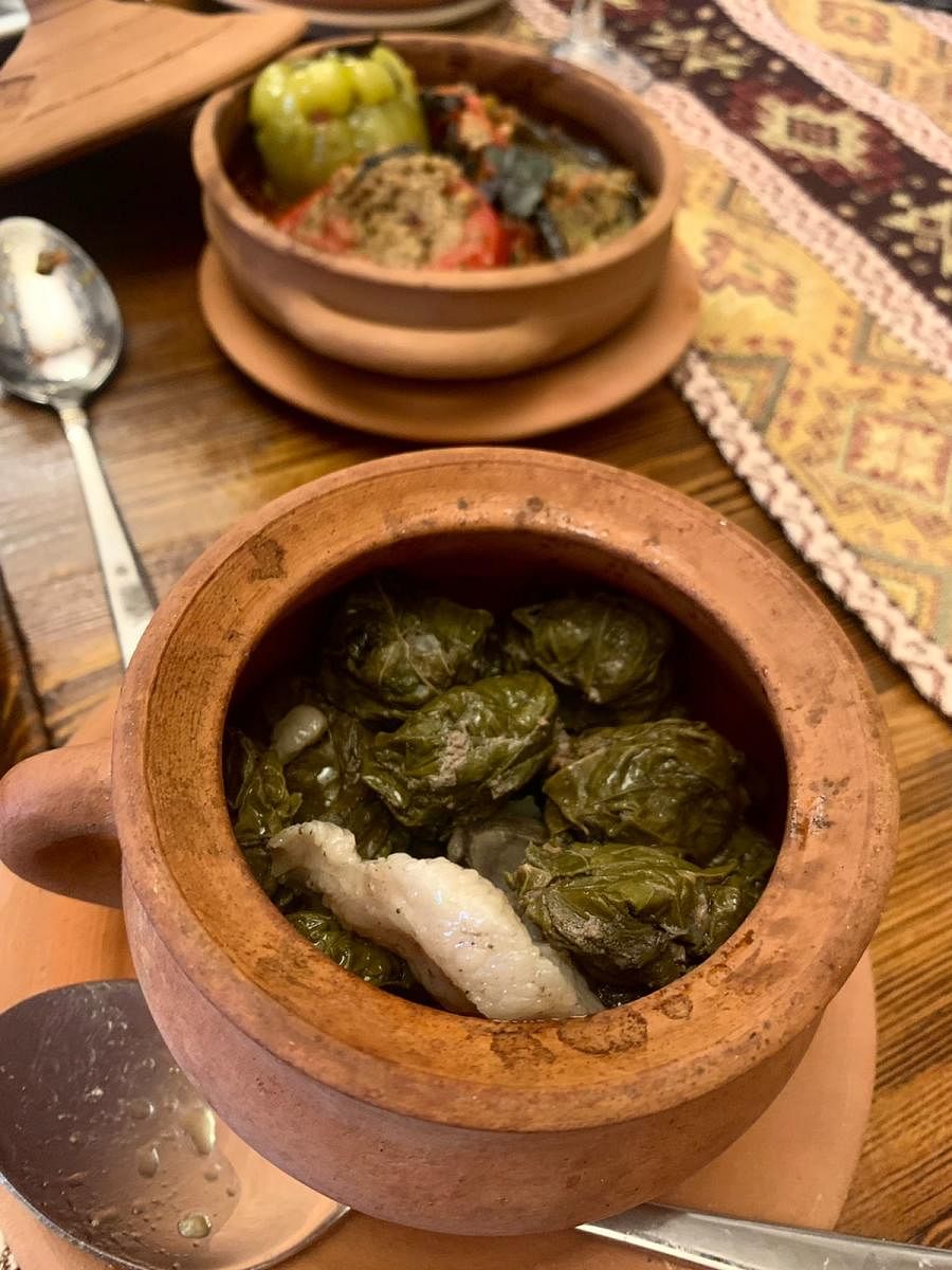 The non-veg dolma is wrapped in grape leaves and filled with ground meat and spices