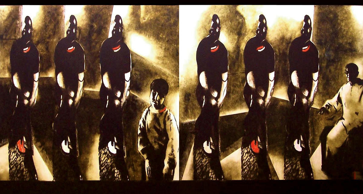 ‘Bacon Man, Boy And Priest’ (oil and acrylic on canvas)(The work won the Gold medal at the Florence International Biennale, 2005)