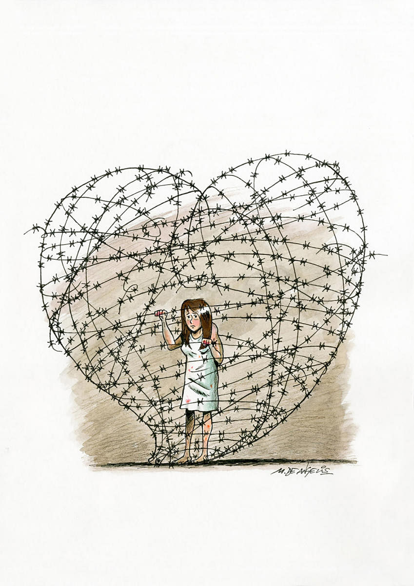 A cartoon showing a distraught lovestruck girl trapped inside a heart-shaped cage by Italian cartoonist Marco de Angelis.