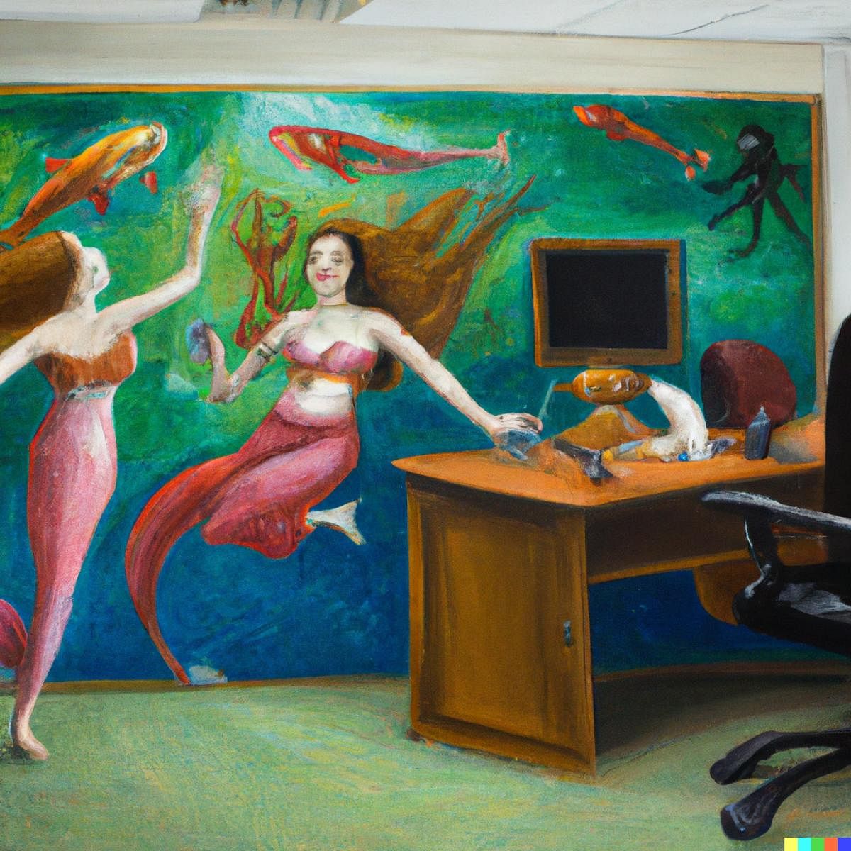 An oil on canvas of mermaids dancing in an office created in Dall.E by this writer.