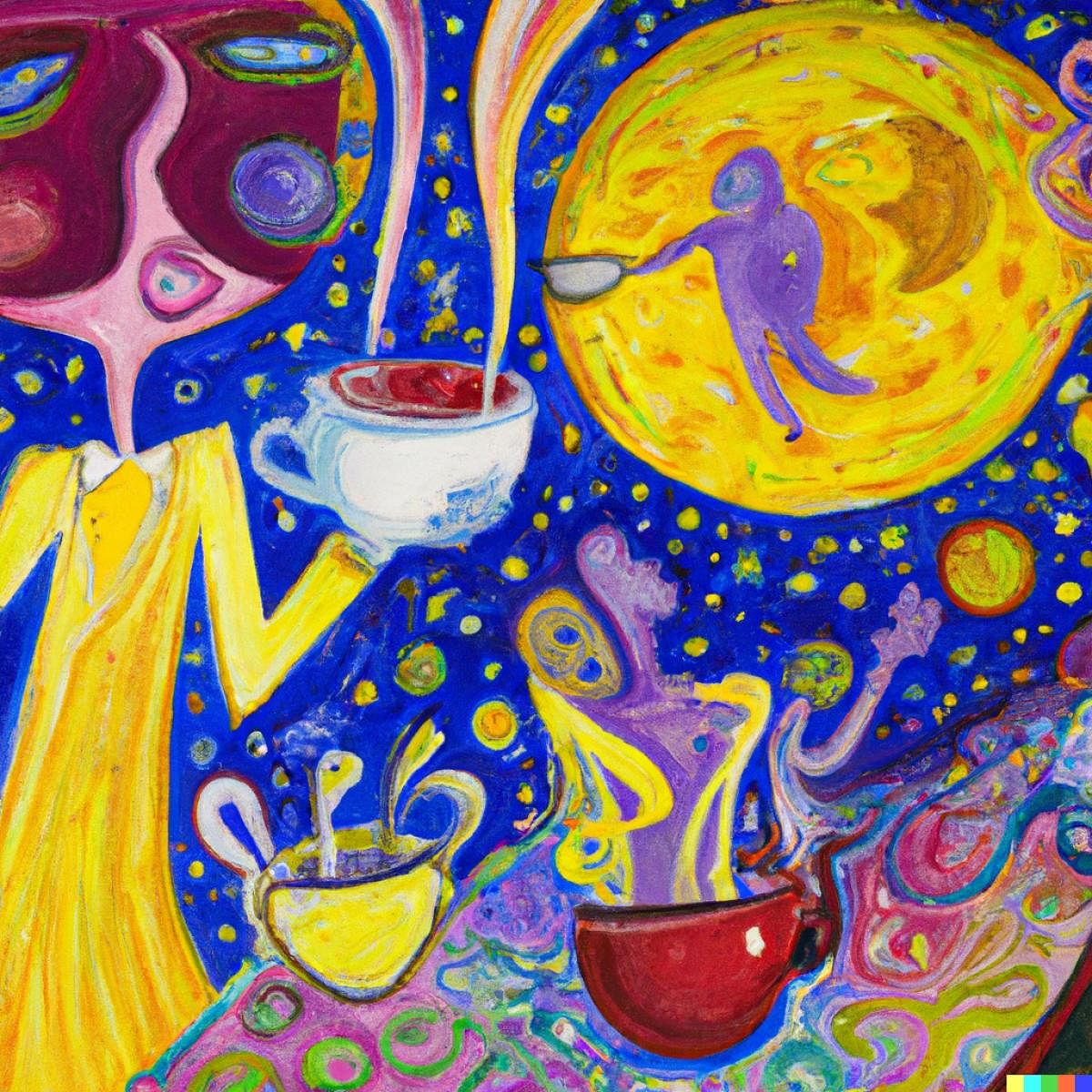 An abstract painting of the sun, a girl, the moon and stars in an alien universe, all drinking soup, created in Dall.E, by this writer.