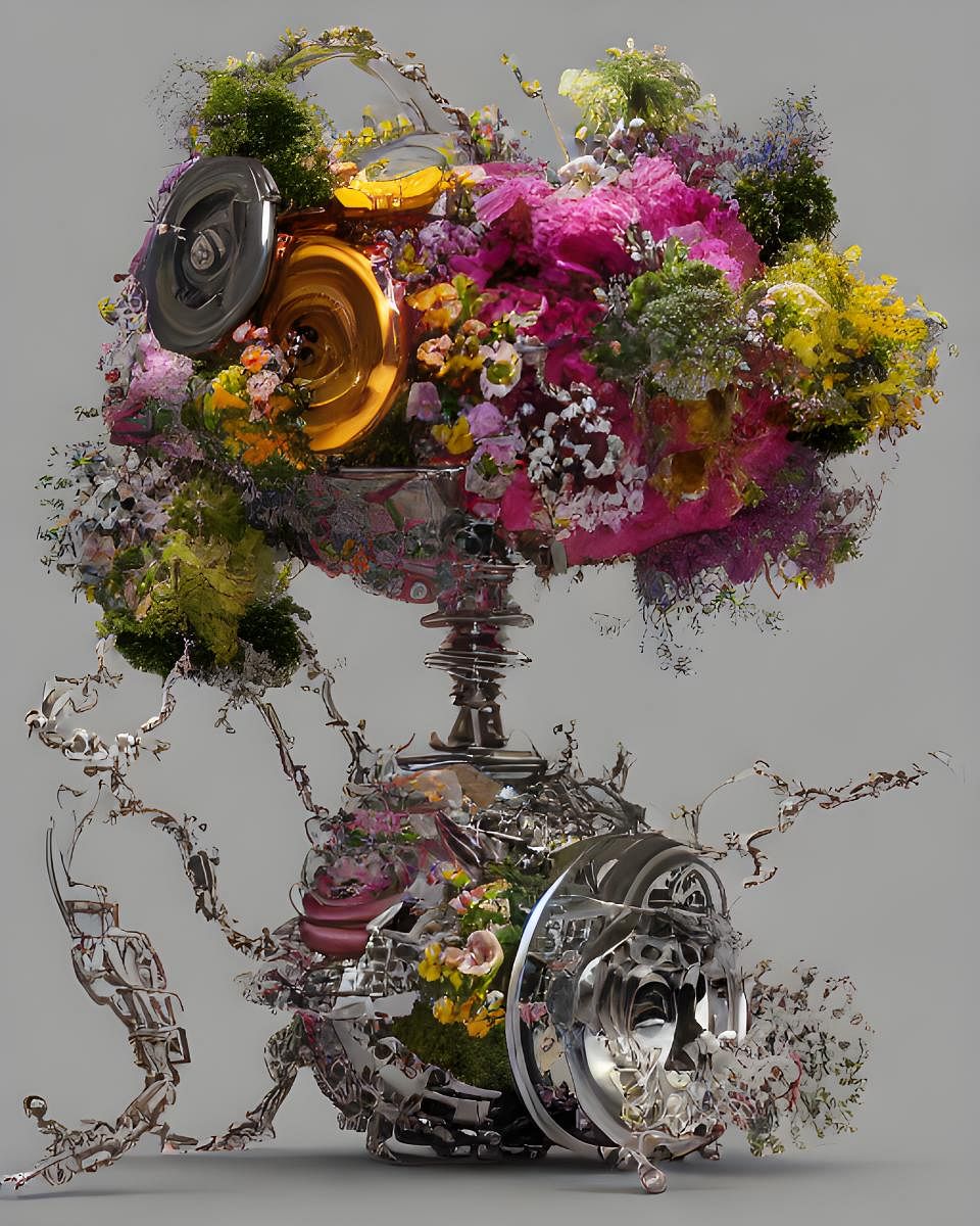 An AI Dutch bouquet made with car parts by Raghava KK.