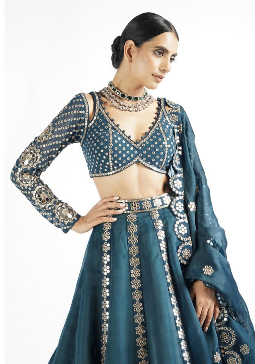 Vani Vats has created unique blouses with mirror work and shoulder cut detailing.