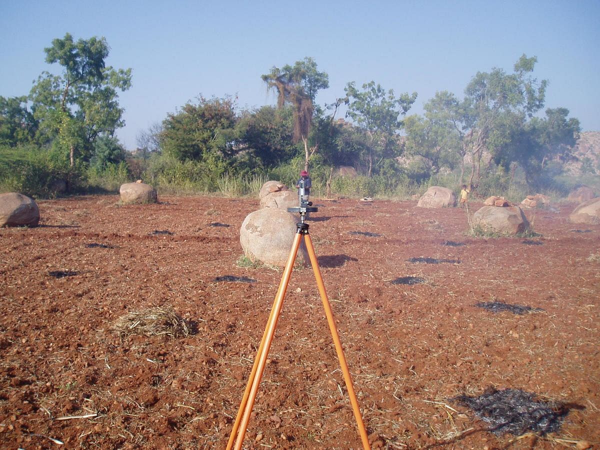 Surveying the stone alignment with a prismatic compass.