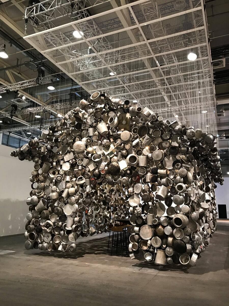 Subodh Gupta's installation made from cooking vessels at Art Basel, Zurich.