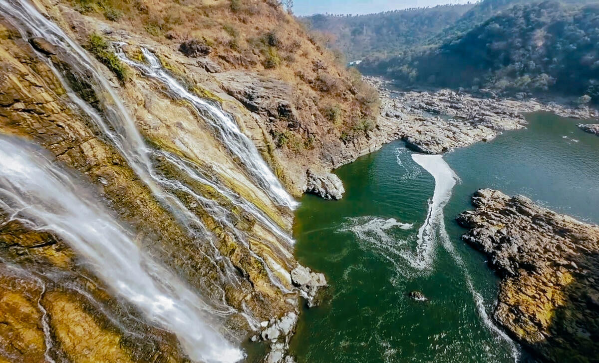 Shivanasamudra Falls from the sky (Pic by Shriram B N)