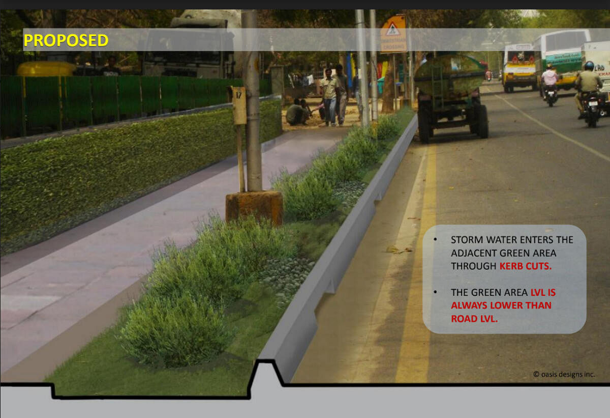The proposed and existing design of a road under the Delhi Development Authority (DDA), redesigned by Oasis Designs Inc.