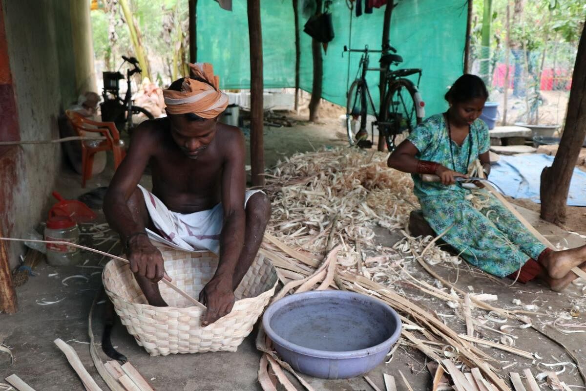 Babu and Ammi weaving baskets. Photos by author