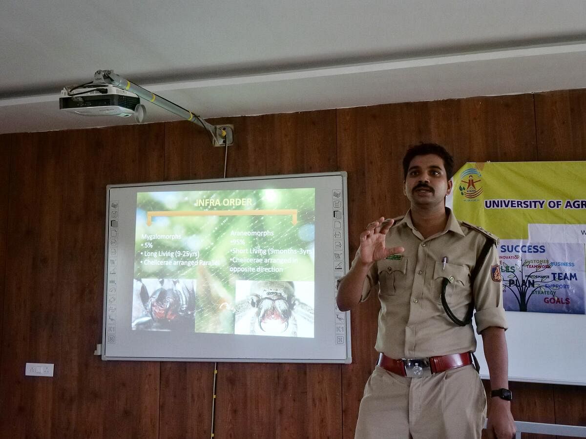 Gururaj speaks at a workshop on spiders at the College of Forestry in Ponnampet. 