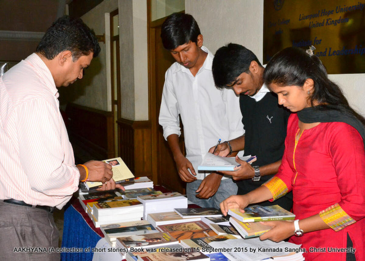 A book stall put up at the Kannada Sangha's launch of 'Aakhyana', a short story collection, in 2015.