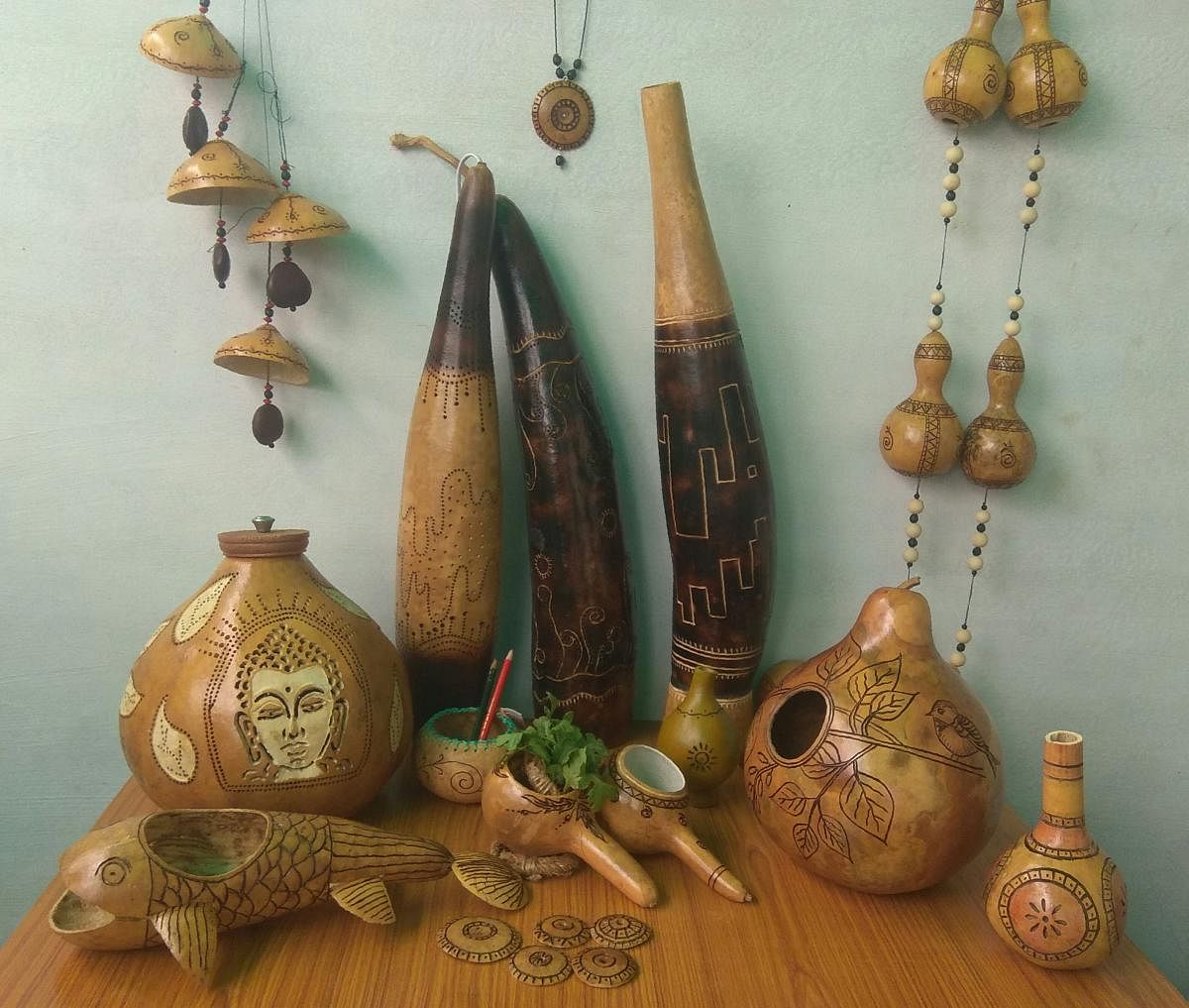 Bottle gourd decoratives; (below) Seema Prasad, whose brainchild is Krishikala