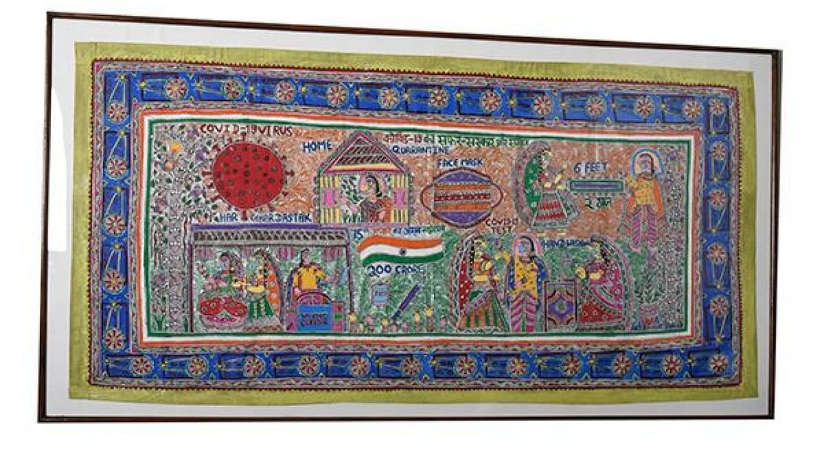 A Madhubani painting by artist Pratibha KR depicting the journey of Covid in India. Credit: Special Arrangement