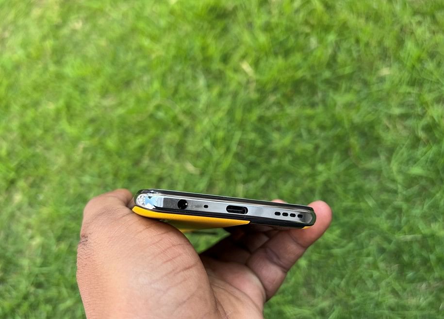 Realme GT 5G bottom base view with Type-C port, speaker grille, a mic and a 3.5mm audio jack. Credit: DH Photo/KVN Rohit