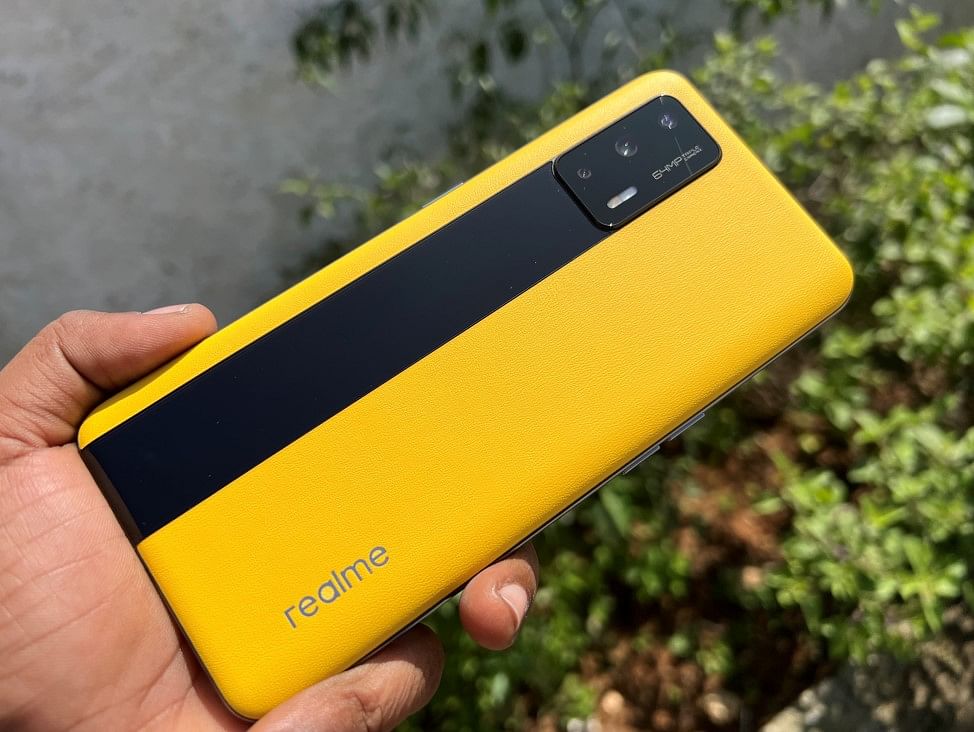 Realme GT 5G with vegan leather-based textured shell on the back. Credit: DH Photo/KVN Rohit