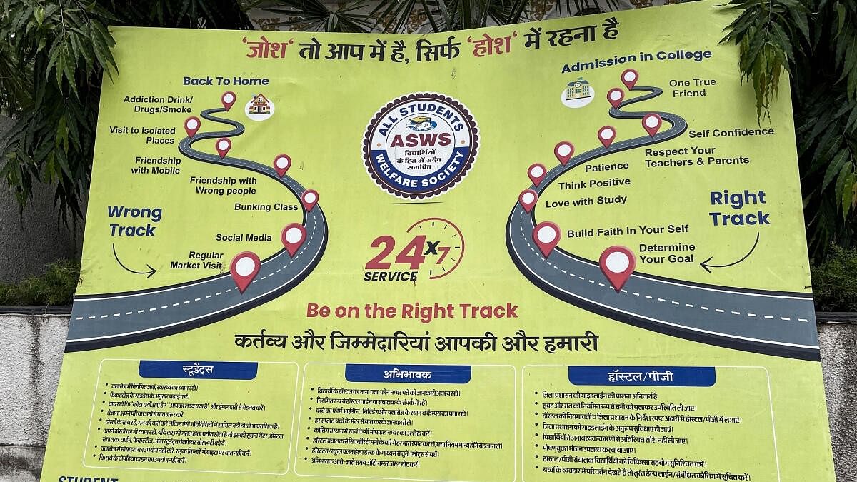 <div class="paragraphs"><p>A poster describing 'wrong track' and 'right track' for coaching students pasted across Kota.</p></div>