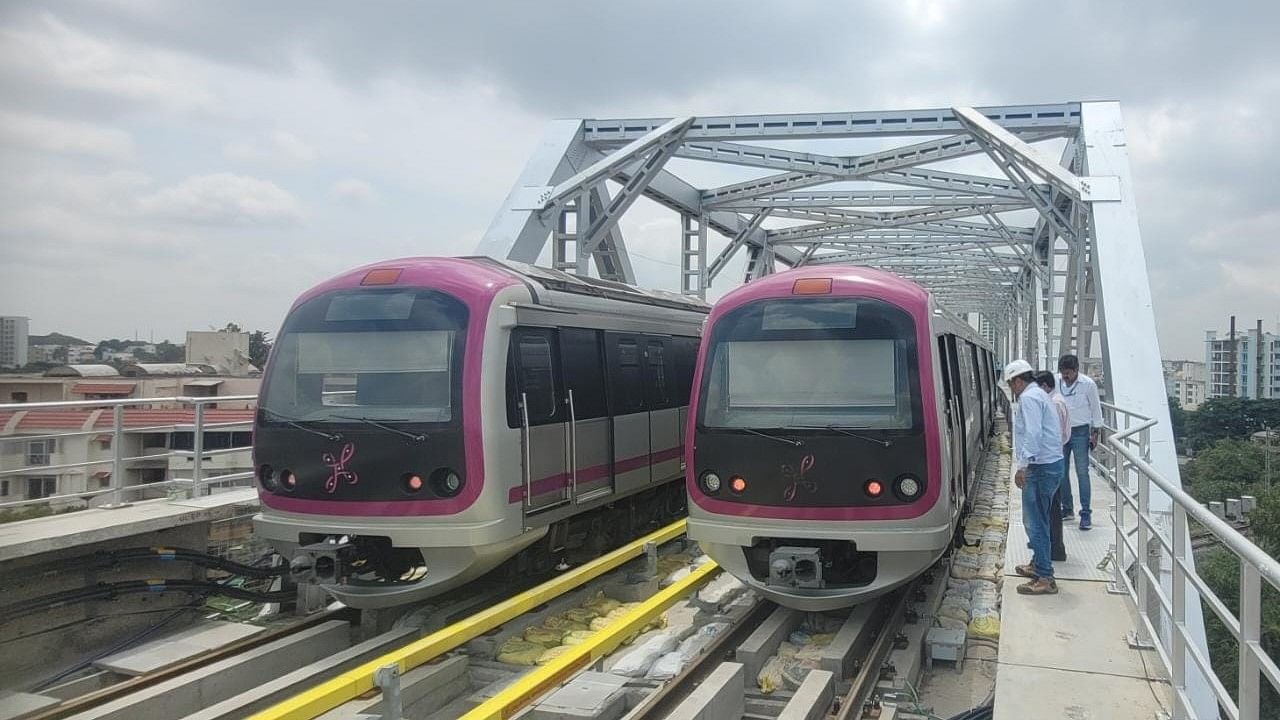 <div class="paragraphs"><p>Metro trains in the open web girder above the railway track at Benniganahalli. </p></div>