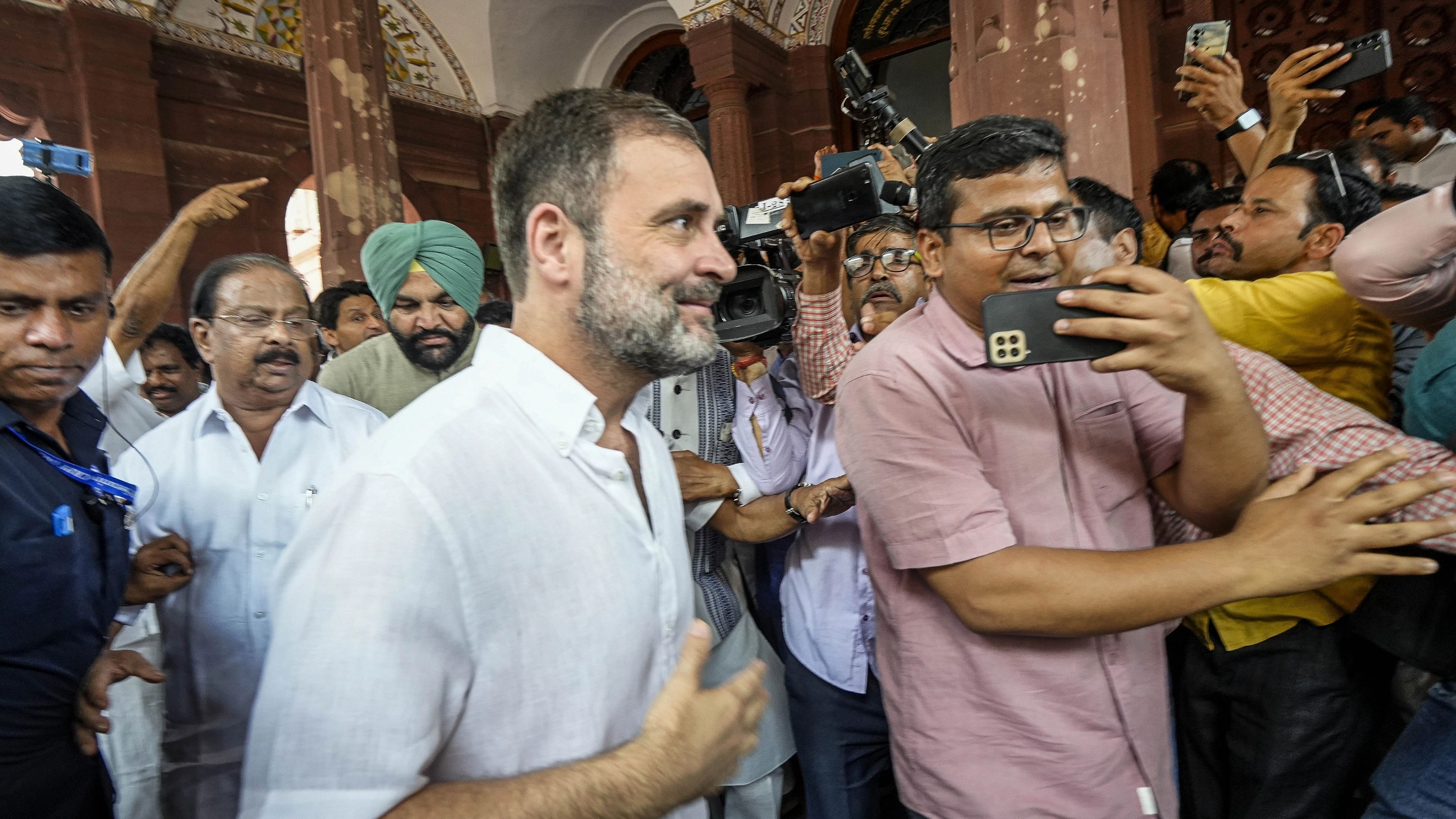 <div class="paragraphs"><p>Congress MP Rahul Gandhi arrives at Parliament House complex during Monsoon Session, in New Delhi, Monday, Aug. 7, 2023. The Lok Sabha membership of Rahul Gandhi was restored on Monday, days after the Supreme Court stayed his conviction in a defamation case. </p></div>