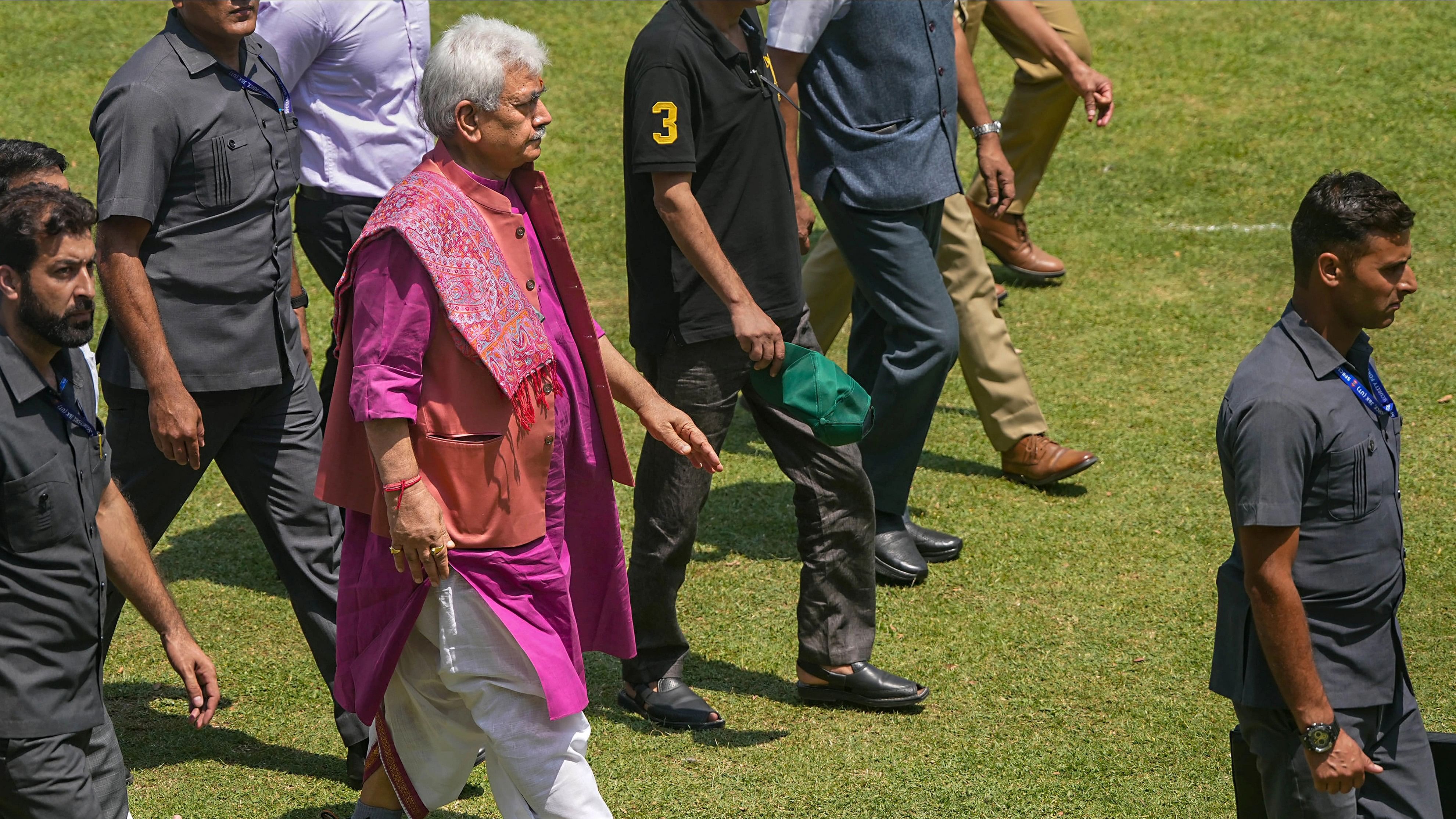 <div class="paragraphs"><p> J&amp;K Lt. Governor Manoj Sinha during an event organised under 'Meri Maati, Mera Desh' campaign at Sher-e-Kashmir Cricket Stadium, in Srinagar, Sunday, Aug. 13, 2023.</p></div>