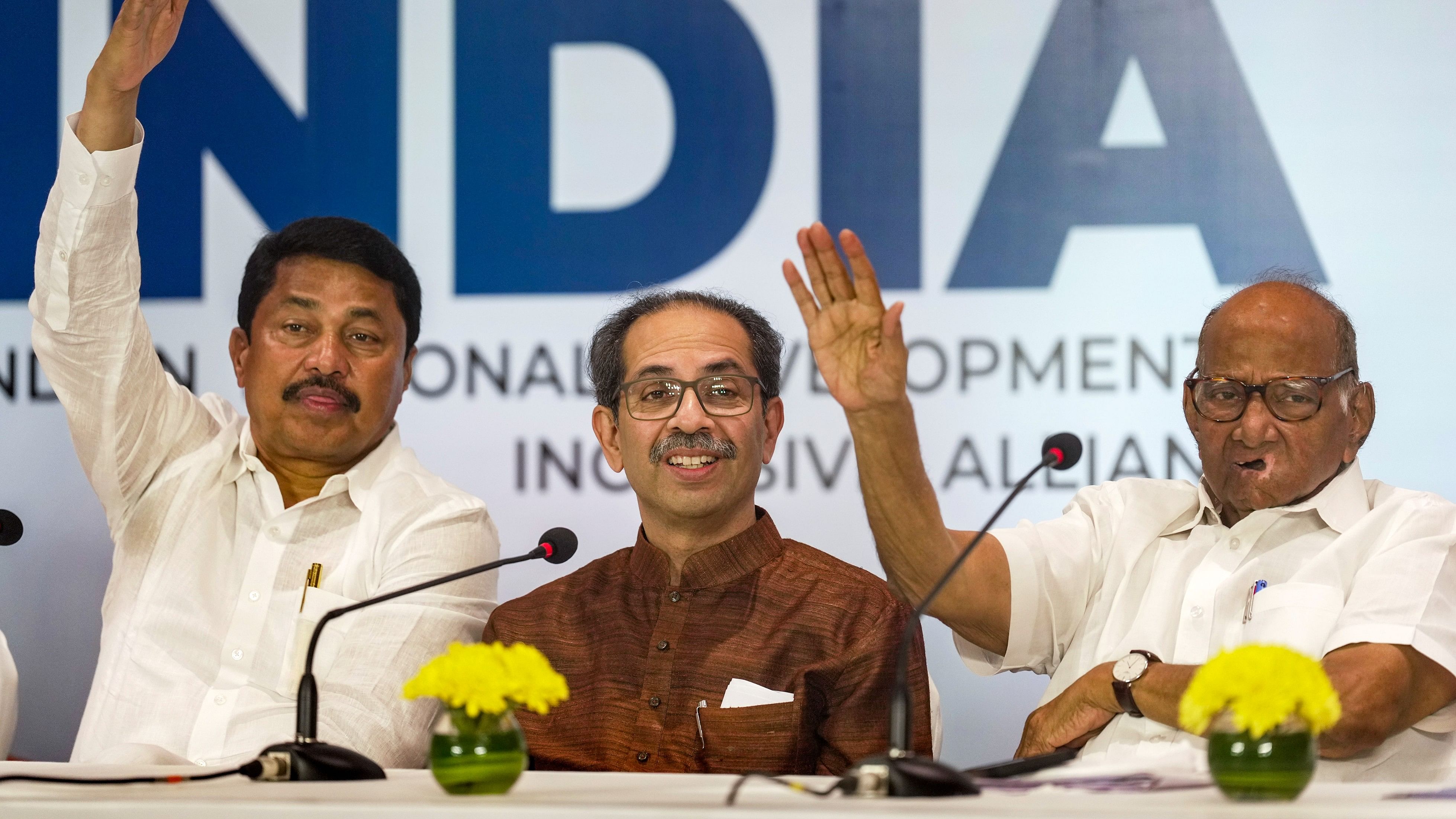 <div class="paragraphs"><p>NCP supremo Sharad Pawar, Shiv Sena (UBT) chief Uddhav Thackeray and Maharashtra Congress President Nana Patole at a press conference, in Mumbai, Wednesday, Aug. 30, 2023.</p></div>