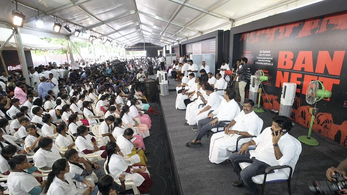 <div class="paragraphs"><p>DMK MPs and MLAs during a day-long fast to protest against the union government over the conduct of NEET, in Chennai.&nbsp;</p></div>