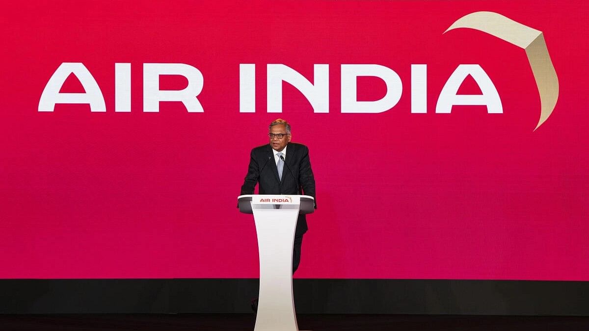 <div class="paragraphs"><p>Tata Sons Chairman N Chandrashekaran speaks during the unvealing of Air India's new logo and livery colours, in New Delhi, Thursday, Aug. 10, 2023.</p></div>