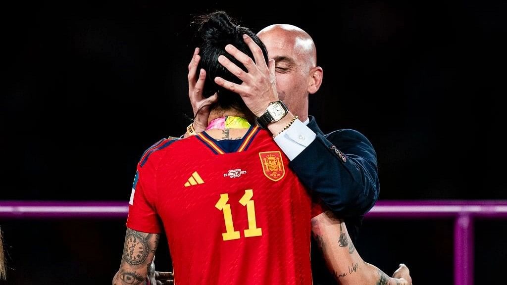 <div class="paragraphs"><p>Luis Rubiales kisses Jennifer Hermoso of Spain during the medal ceremony of FIFA Women’s World Cup on August 20.</p><p><br></p></div>