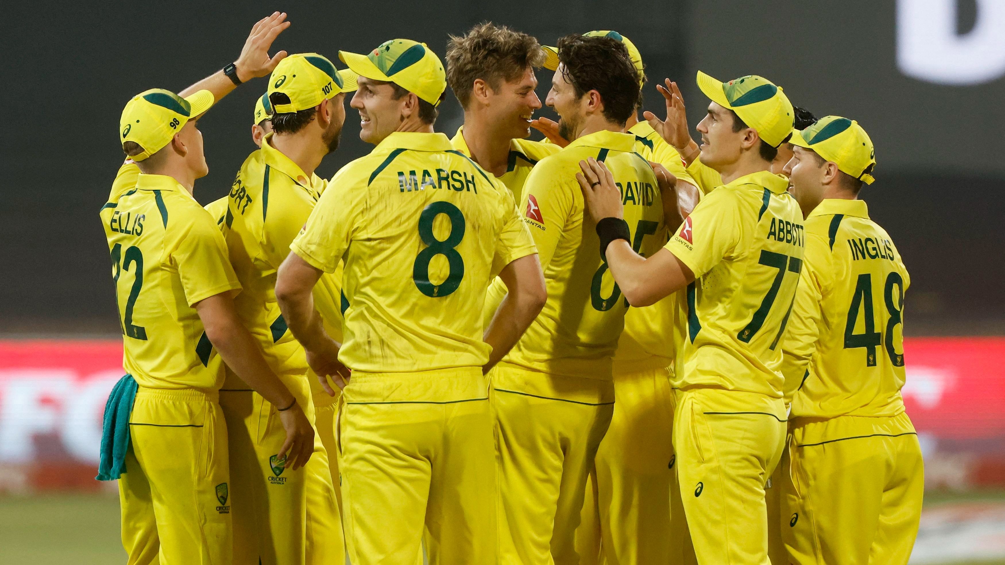 <div class="paragraphs"><p>Australia players celebrate after the match.&nbsp;</p></div>