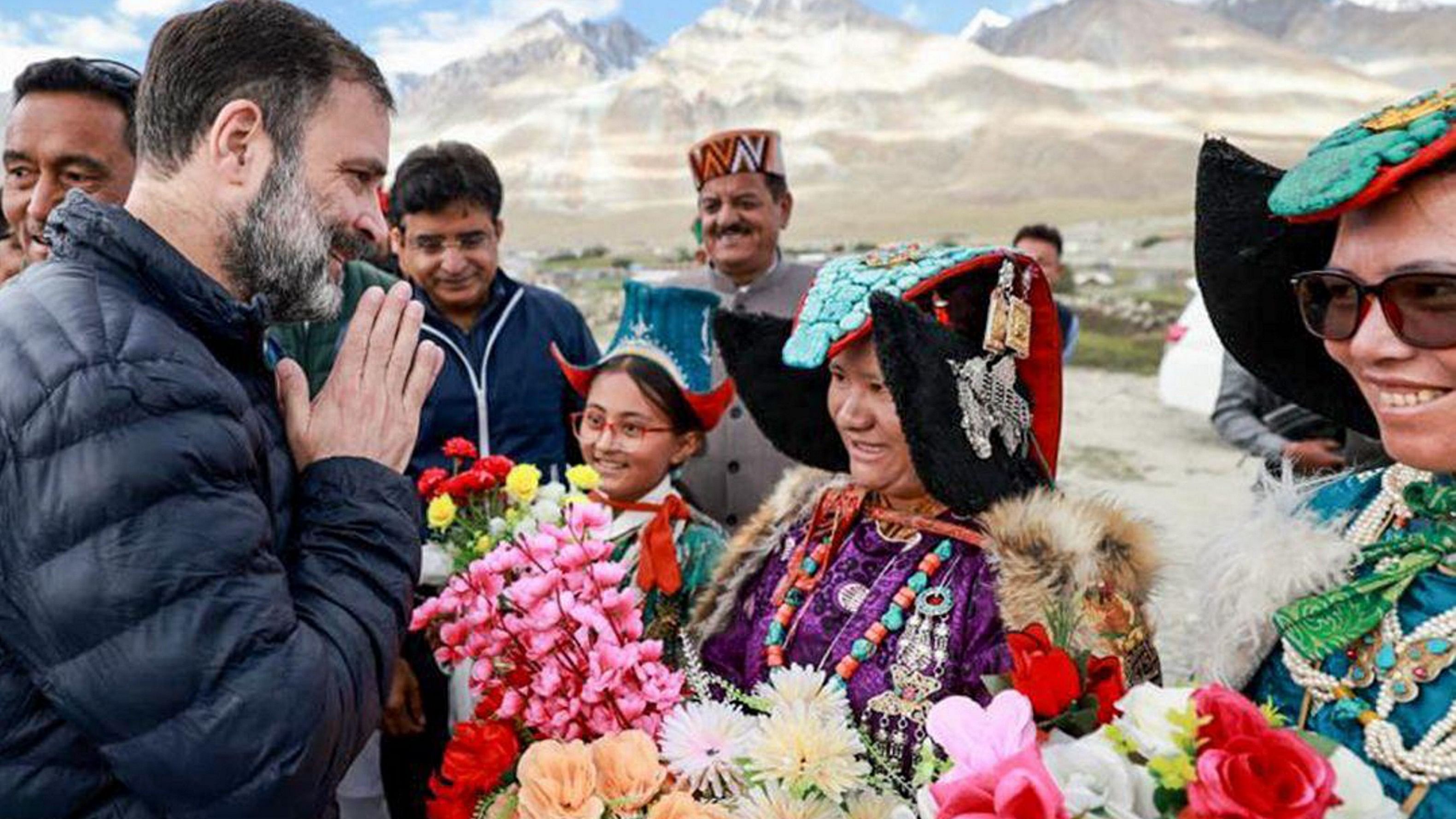 <div class="paragraphs"><p>Congress leader Rahul Gandhi during a prayer meeting for former prime minister Rajiv Gandhi on his 79th birth anniversary near Pangong Lake, in Leh.&nbsp;</p></div>