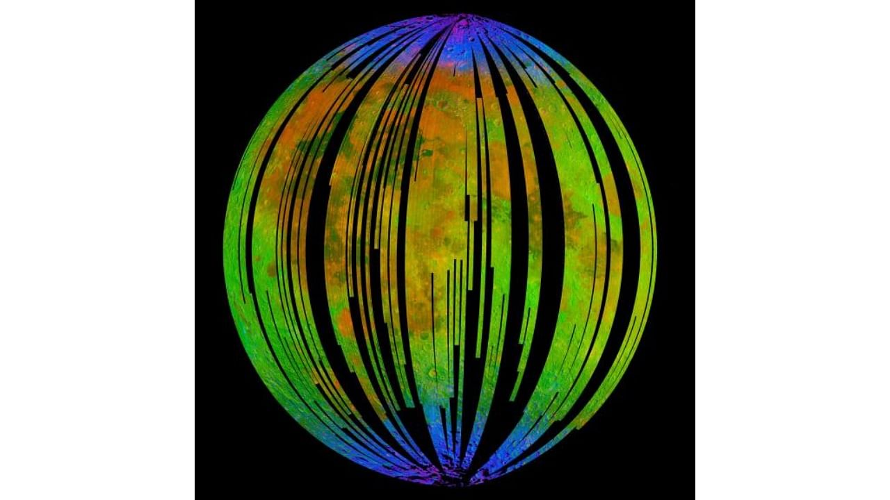 <div class="paragraphs"><p>This image of the moon is from NASA's Moon Mineralogy Mapper on the Indian Space Research Organisation's Chandrayaan-1 mission. It is a three-colour composite of reflected near-infrared radiation from the sun, and illustrates the extent to which different materials are mapped across the side of the moon that faces Earth.</p></div>