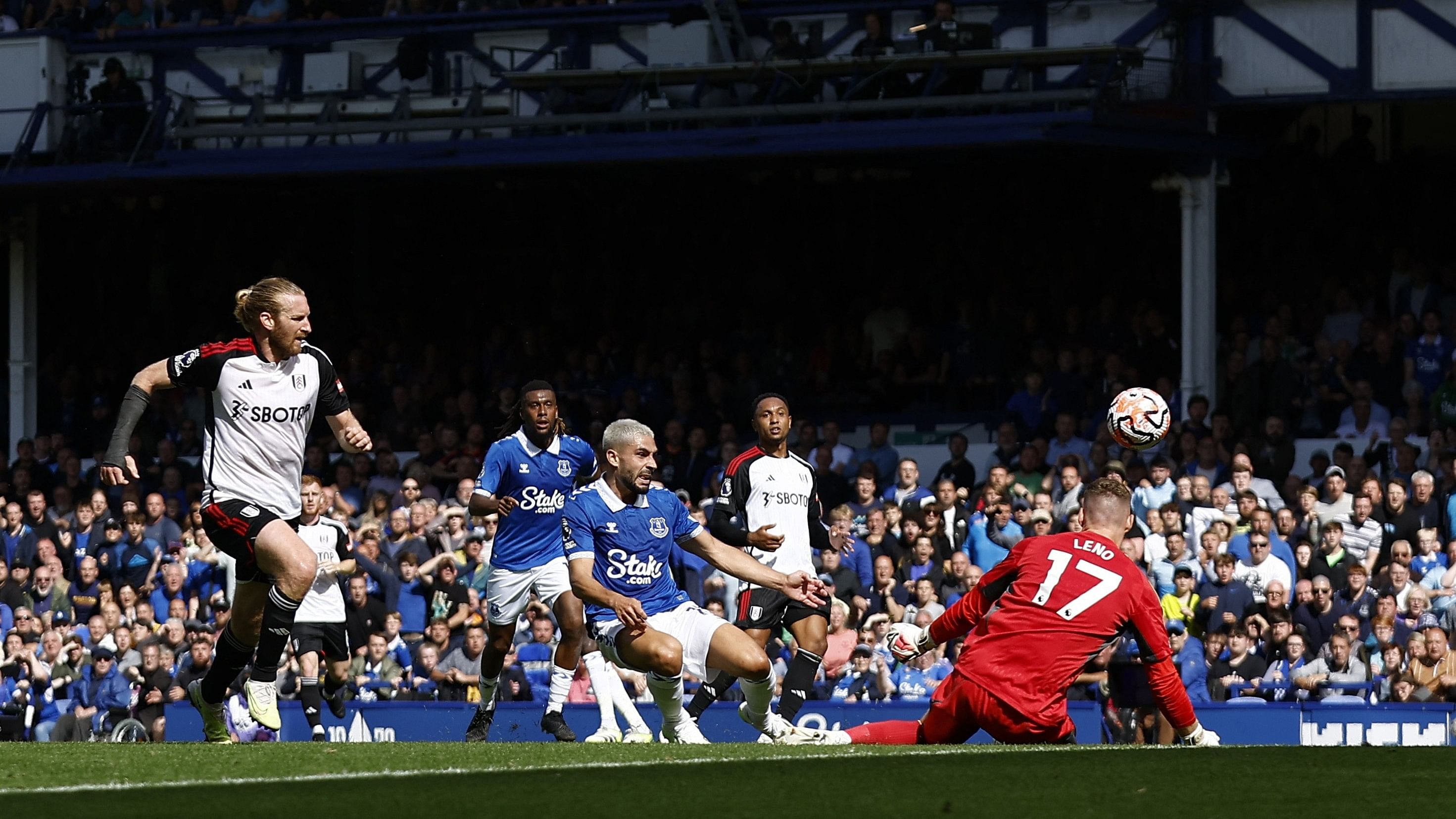 <div class="paragraphs"><p>Everton's Neal Maupay shoots at goal.</p></div>