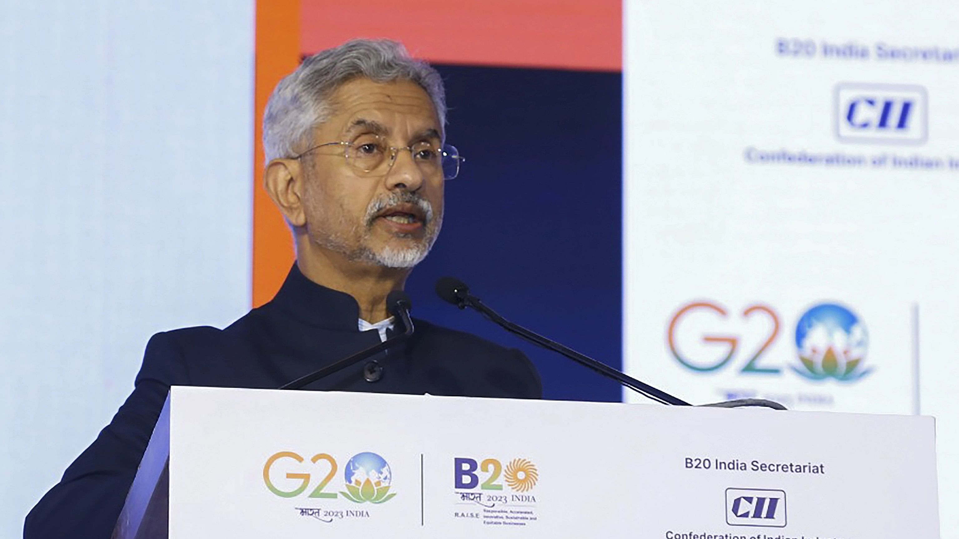 <div class="paragraphs"><p>External Affairs Minister S. Jaishankar addresses a session on 'Role of Global South in Emerging World 2.0' at the B20 Summit India 2023, in New Delhi, Sunday</p></div>