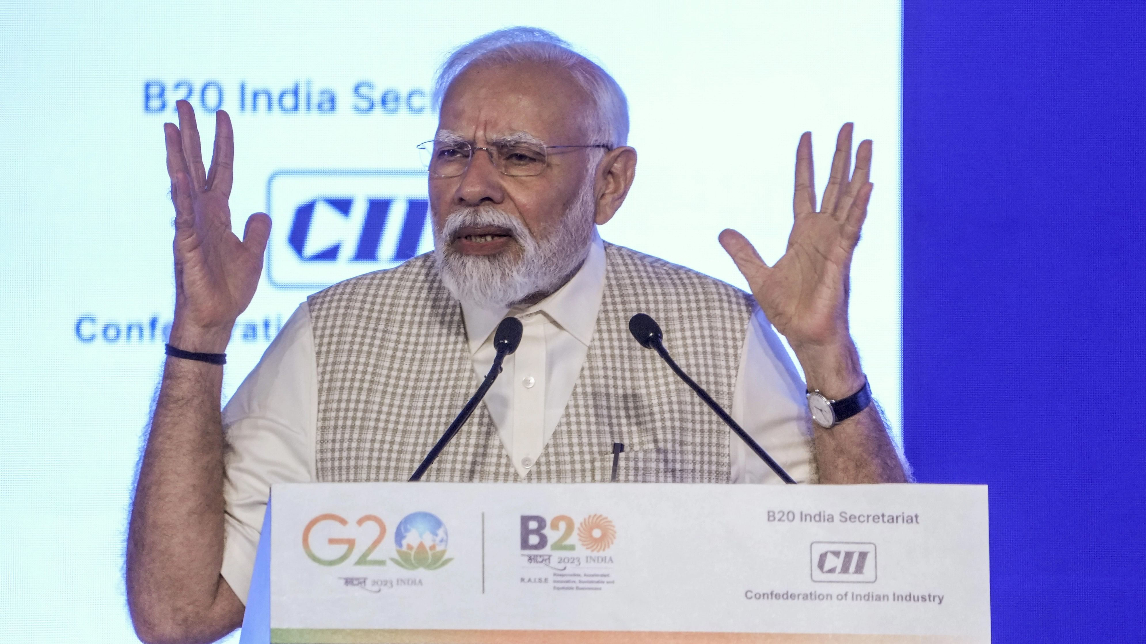 <div class="paragraphs"><p>Prime Minister Narendra Modi addresses the B20 Summit India 2023, in New Delhi. </p></div>