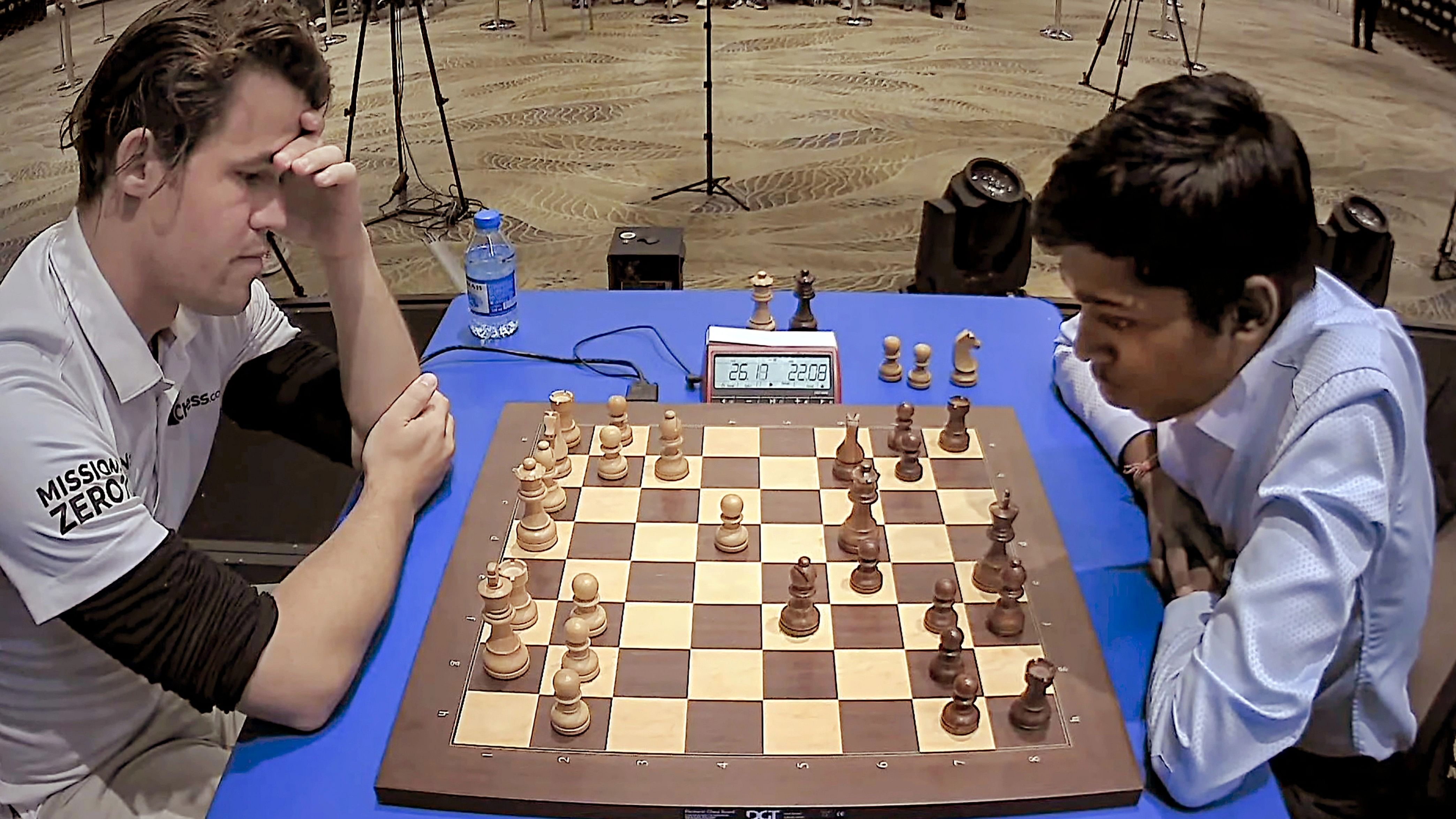 <div class="paragraphs"><p>Indian Grandmaster R Praggnanandhaa and Norwegian Grandmaster and World No. 1 player Magnus Carlsen during the second tie-breaker match of the Chess World Cup 2023 final, in Baku, Thursday, Aug. 24, 2023.</p></div>