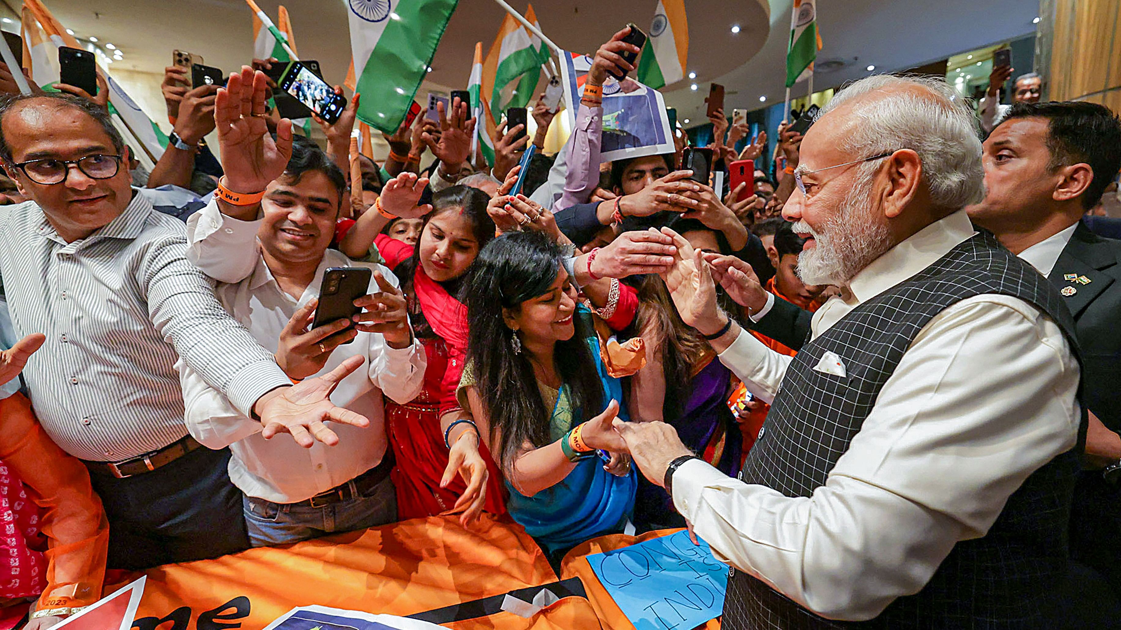 <div class="paragraphs"><p>Prime Minister Narendra Modi being greeted by Indian community members on the successful landing of Chandrayaan 3, in Johannesburg, South Africa.&nbsp;</p></div>