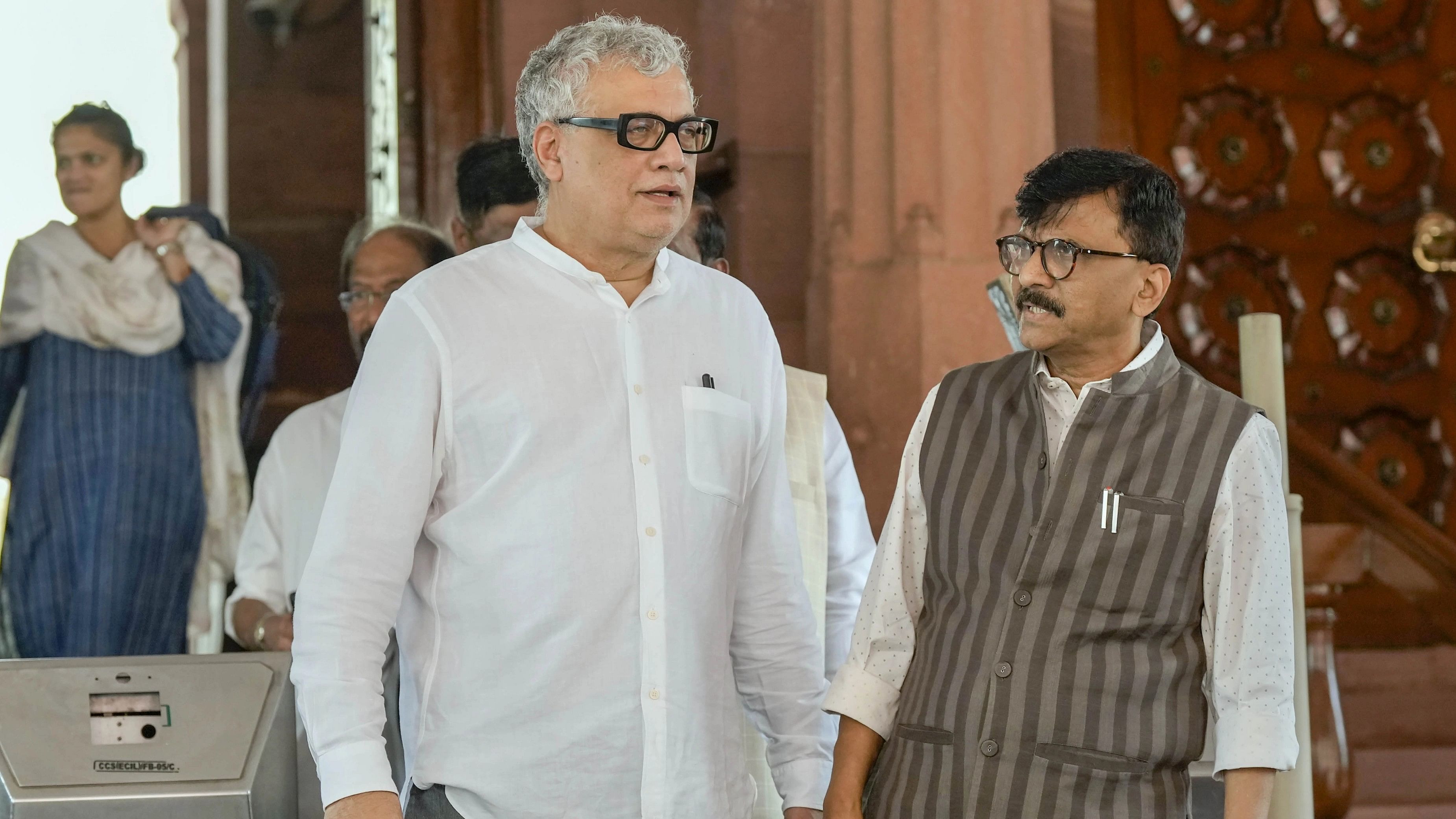 <div class="paragraphs"><p>TMC MP Derek O'Brien with Shiv Sena (UBT) MP Sanjay Raut at Parliament House complex during Monsoon session, in New Delhi, Tuesday, August 8, 2023. Derek O'Brien on Tuesday was suspended from the Rajya Sabha for the rest of the Monsoon session. </p></div>