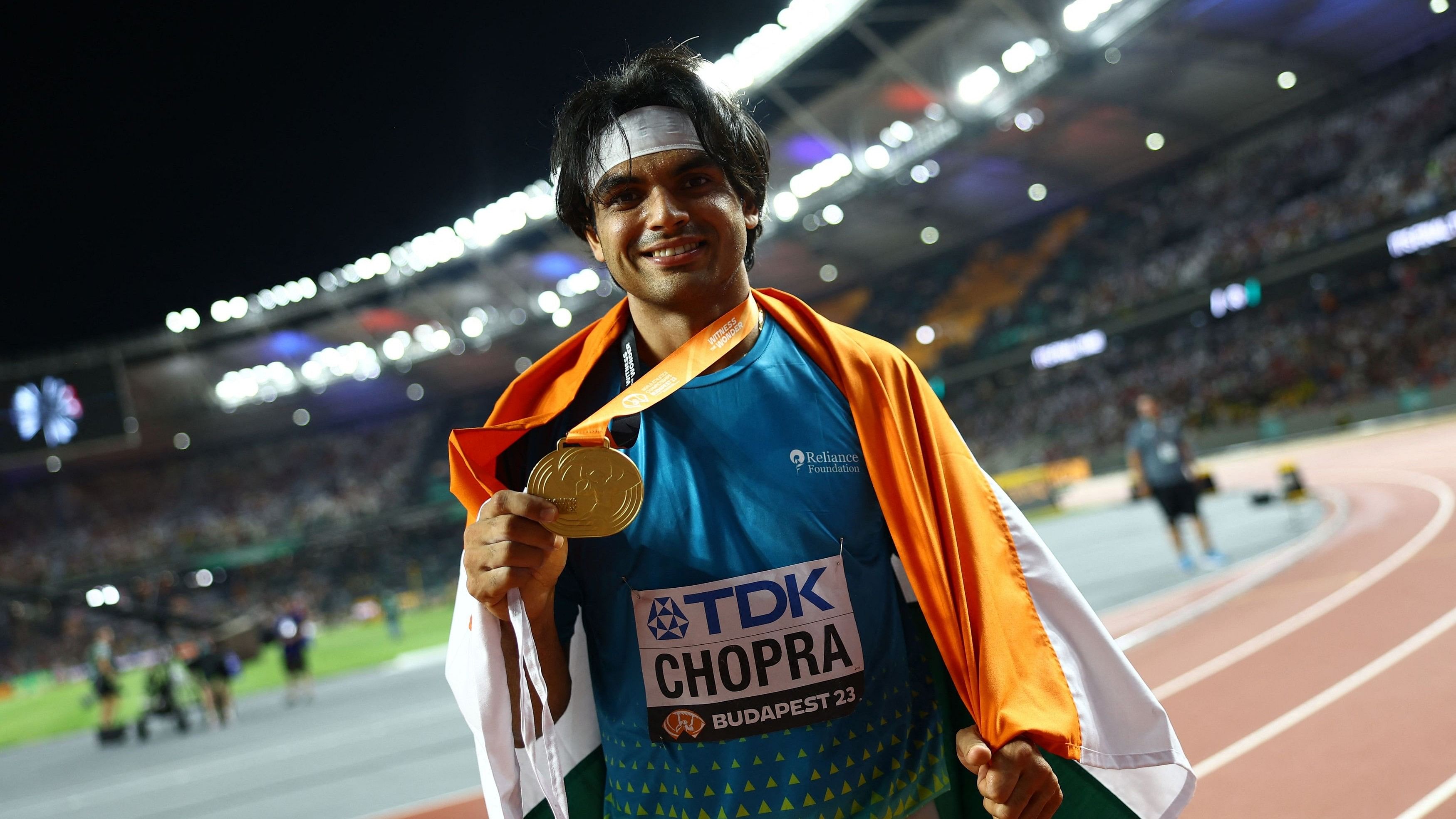 <div class="paragraphs"><p>Gold medallist India's Neeraj Chopra celebrates after the final.</p></div>