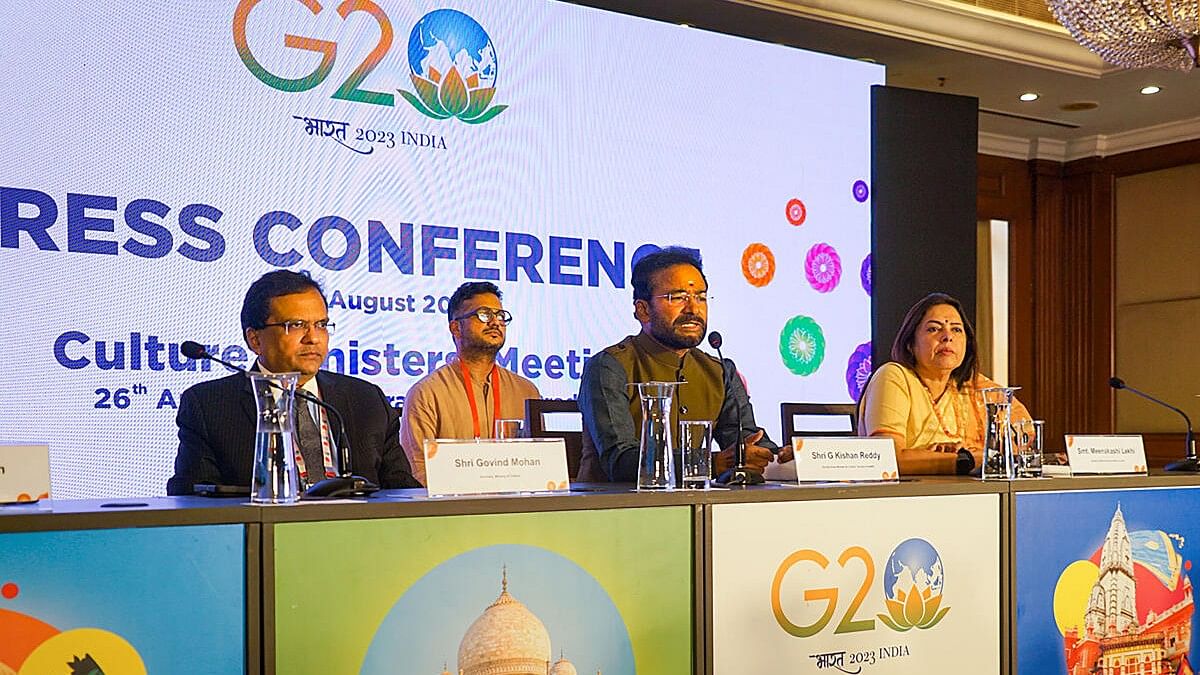 <div class="paragraphs"><p>Union Minister for Culture G. Kishan Reddy with Union Minister of State for Culture Meenakashi Lekhi addresses a press conference on the sidelines of the 4th G20 Culture Working Group Meeting, in Varanasi, Friday, Aug. 25, 2023.</p></div>