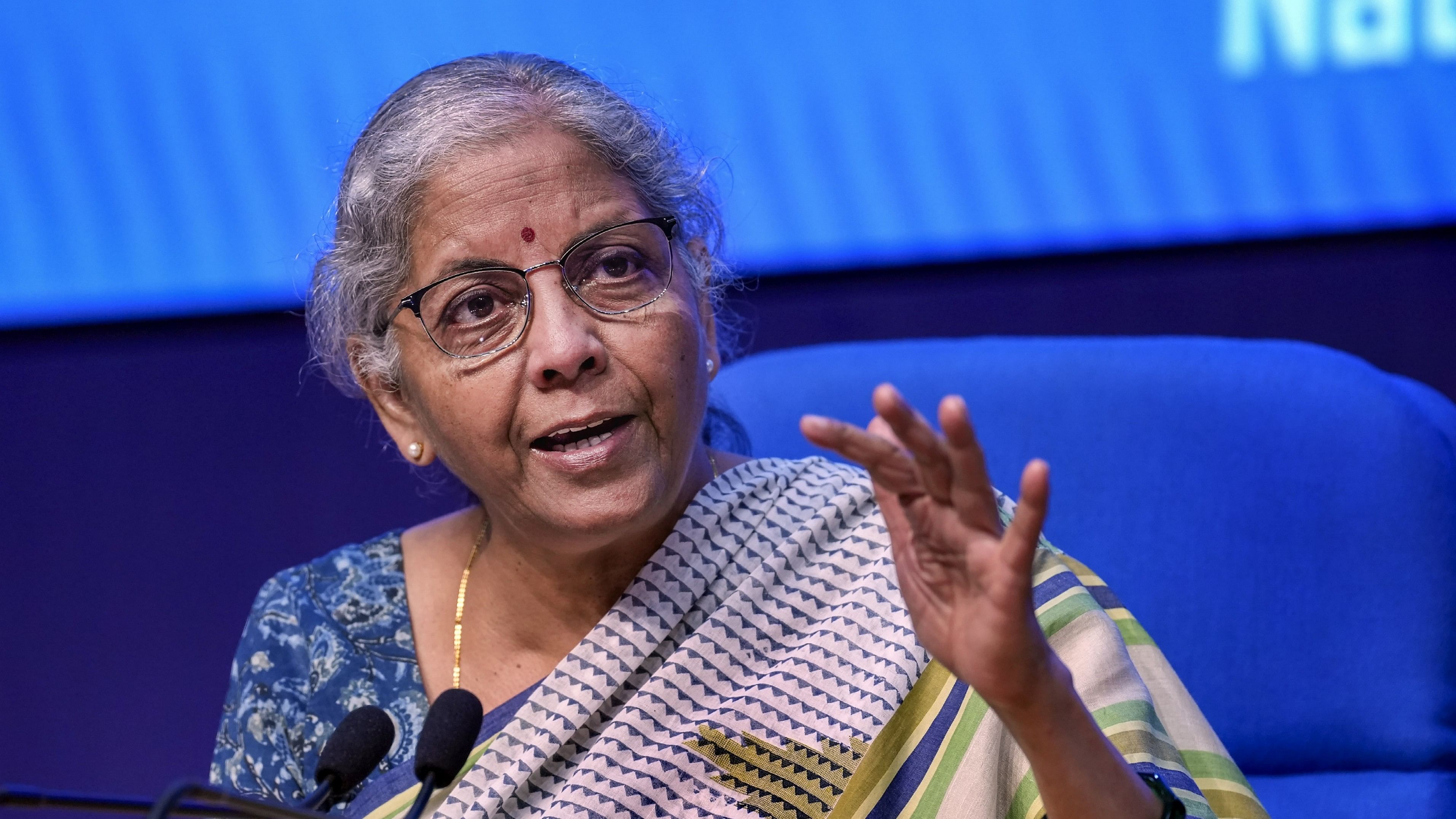 <div class="paragraphs"><p>New Delhi: Union Finance Minister Nirmala Sitharaman speaks during a media briefing after the 51st Goods and Services Tax (GST) Council Meeting, in New Delhi, Wednesday, Aug. 2, 2023. </p></div>