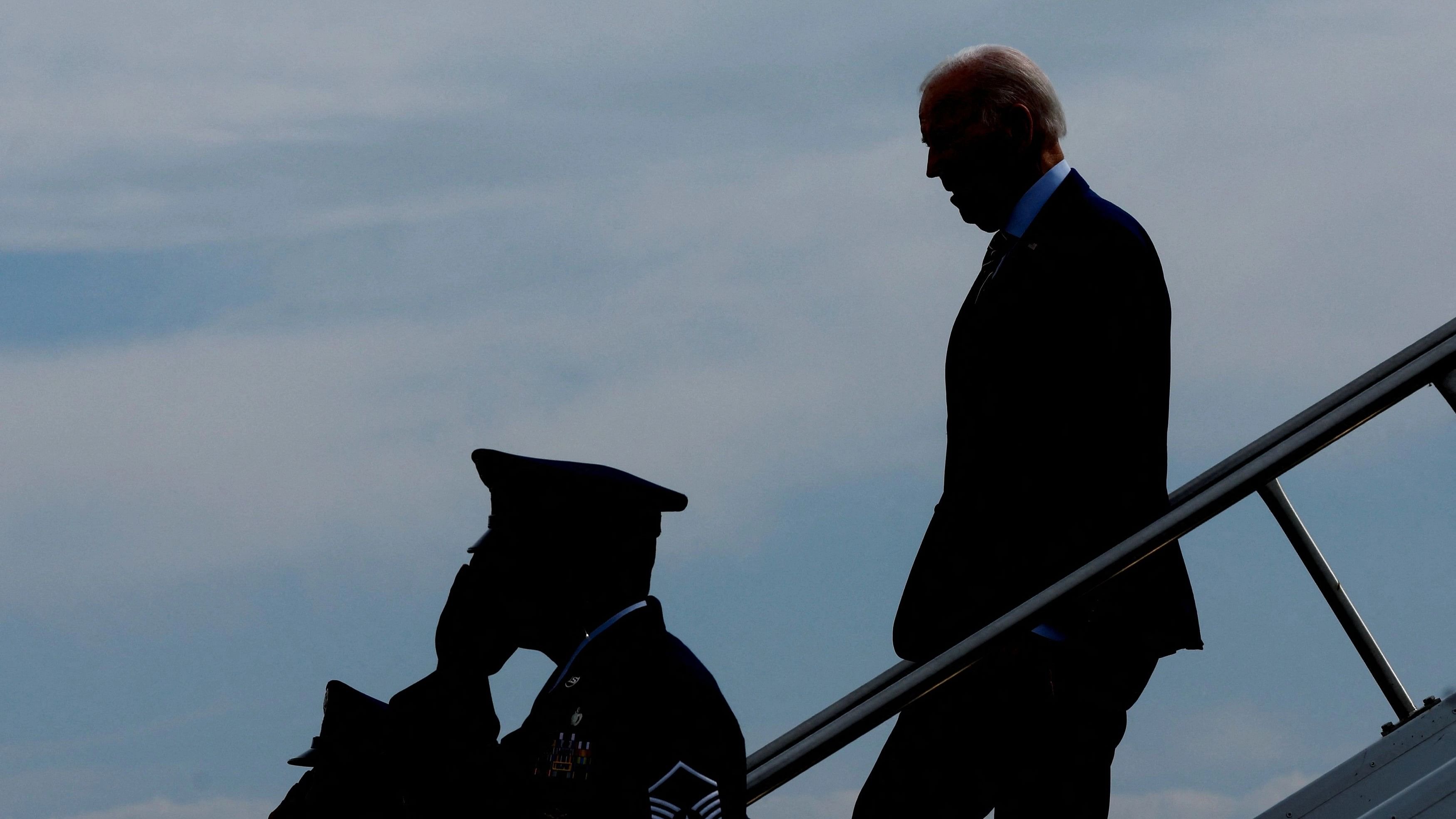 <div class="paragraphs"><p>U.S. President Joe Biden disembarks after arriving at Wright Air National Guard Base, Salt Lake City, Utah, U.S. August 9, 2023.</p></div>