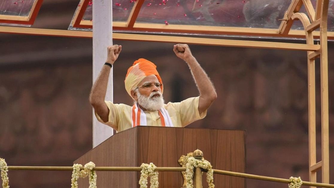 <div class="paragraphs"><p>Addressing the nation from the ramparts of the Red Fort on the occasion of India's 74th Independence Day, PM Modi said in the midst of the Covid-19 pandemic, 130 crore Indians have pledged to build a 'Aatmanirbhar Bharat'.</p></div>